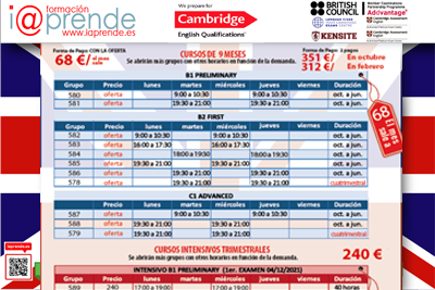 Cursos y horarios de ingles 2023-24